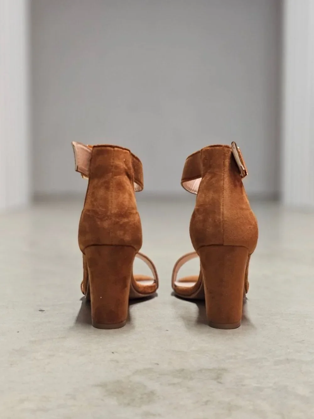 Tan Faux Suede Block Heel Sandals With Adjustable Ankle Strap Open Toe Design Wo - Picture 11 of 14